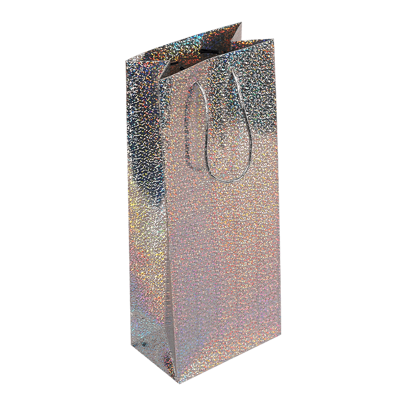Customizable Silver Holographic Wine Bottle Gift Paper Bag With Handle