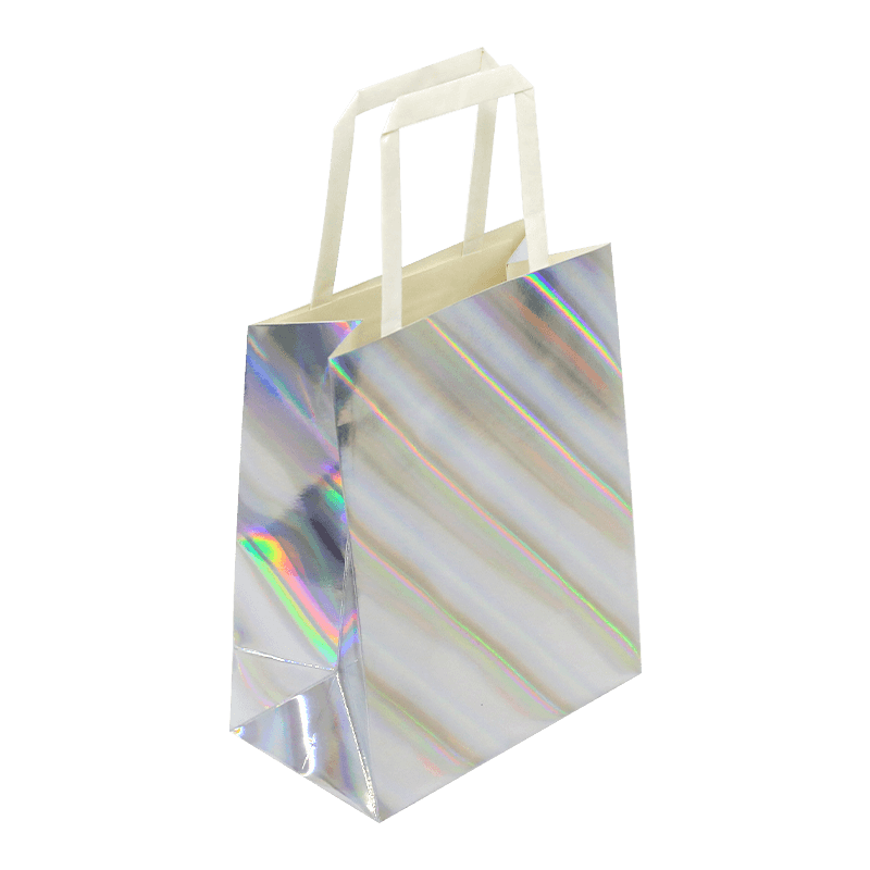 Reusable Iridescent Holographic Foil Paper Shopping Gift Bag With  Flat Paper Handle