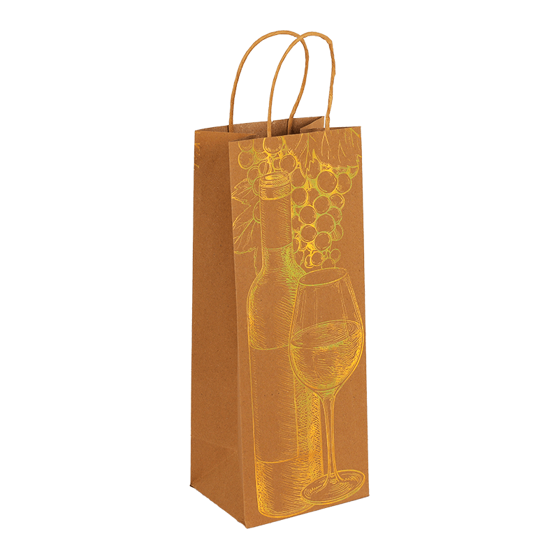 Hot Stamping Vintage Pattern Kraft Paper Wine Gift Bag For Single Bottle