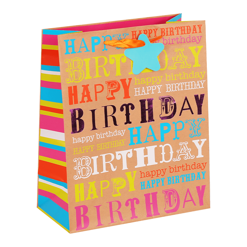 New Design Printed Happy Birthday Themed Paper Gift Bag With Tag