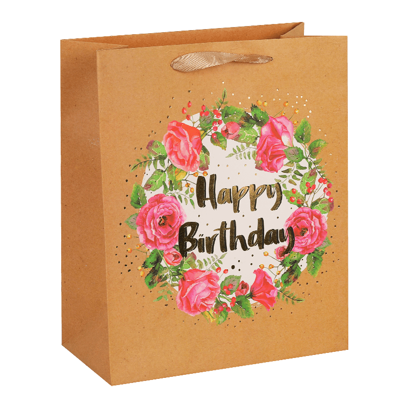 Recyclable Printed Happy Birthday Wreath Kraft Paper Gift Bag With Handle
