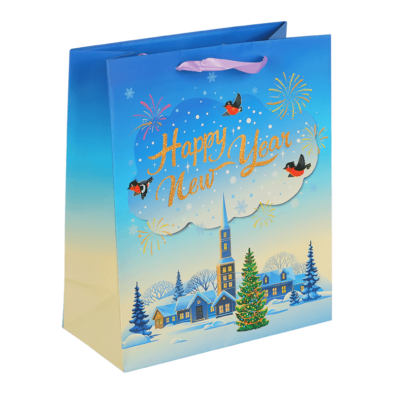 Custom Printed Happy New Year Shopping Paper Gift Bags With Ribbon Handle 